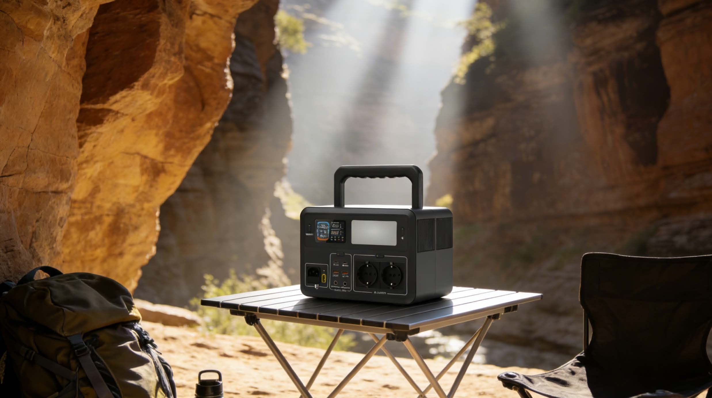 Portable power station on a camping table